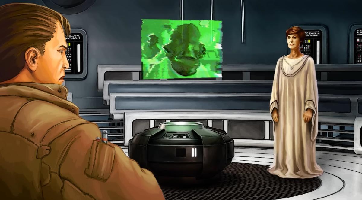 Star Wars: Dark Forces Remaster cut scene with Kyle Katarn, Mon Mothma, and Admiral Ackbar.